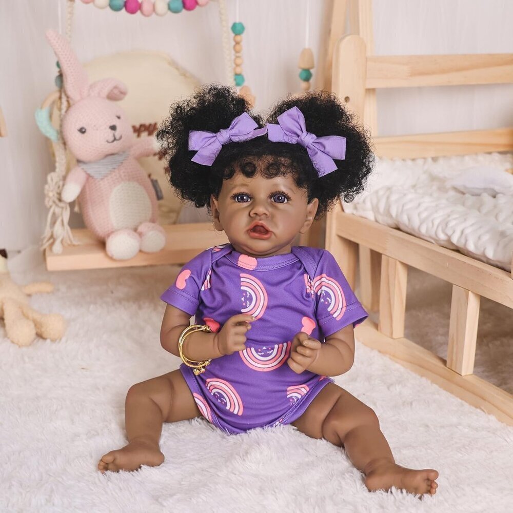 🆕Hoomai Cloth Body Baby Dolls Purple African American Silicone 18 Inch Set Kids